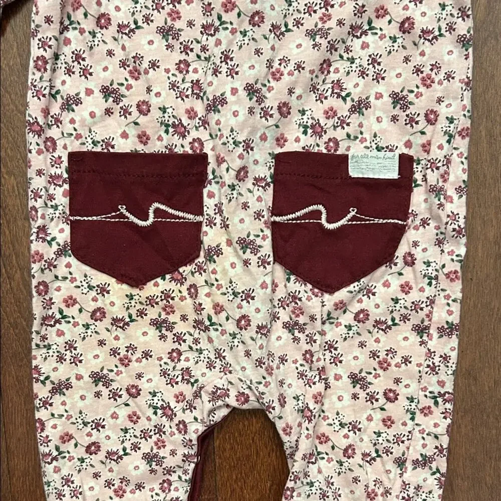7 For All Mankind Floral Burgundy Kids Footie One Piece, Size 3-6 Months